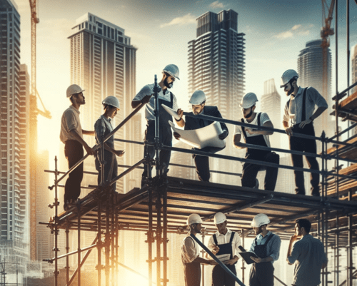Diverse construction workers discussing on scaffolding with city backdrop.