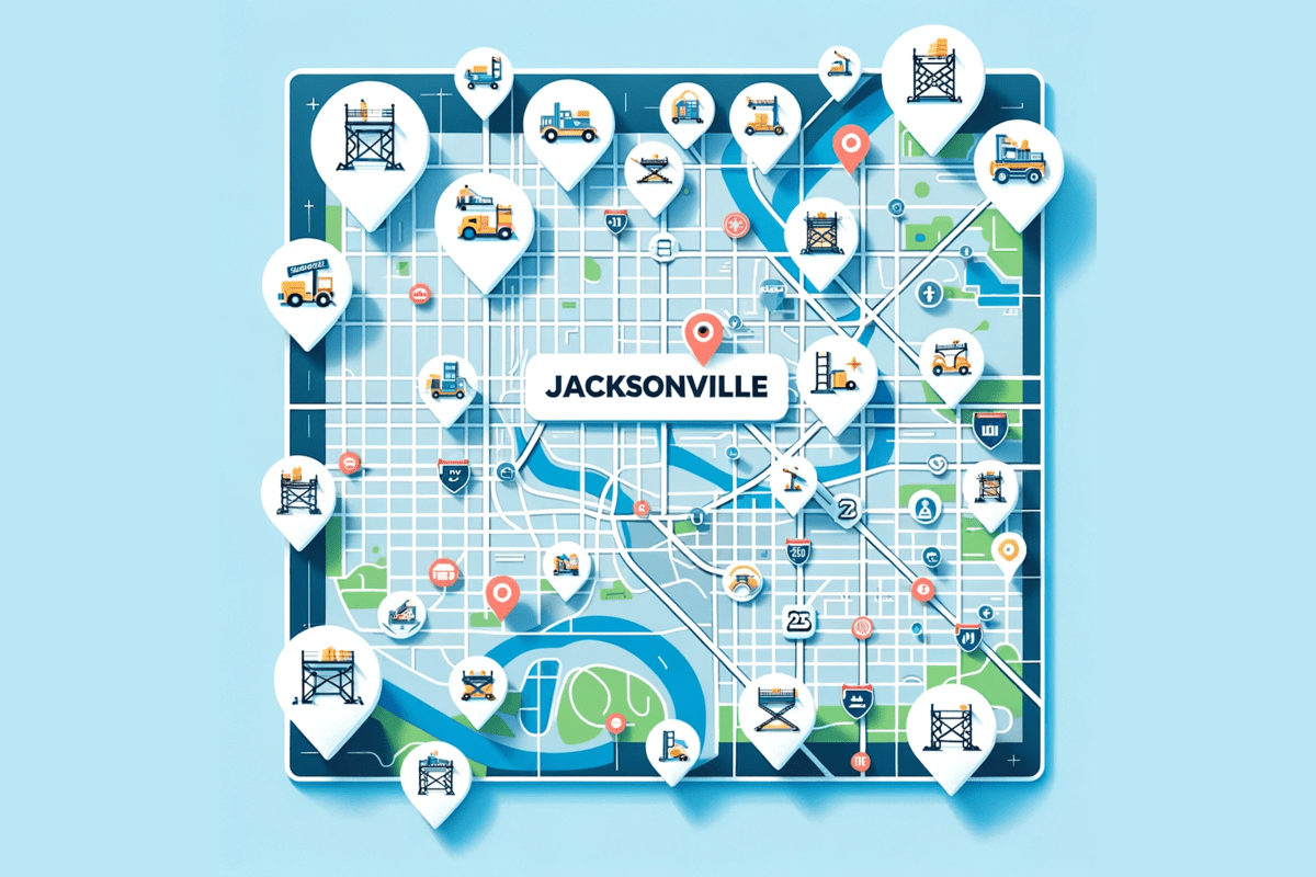 Map of Jacksonville with icons showing locations for scaffolding companies.